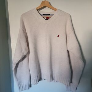 Vintage 90's Tommy Hilfiger Cream V-Neck Sweater Sz XL
